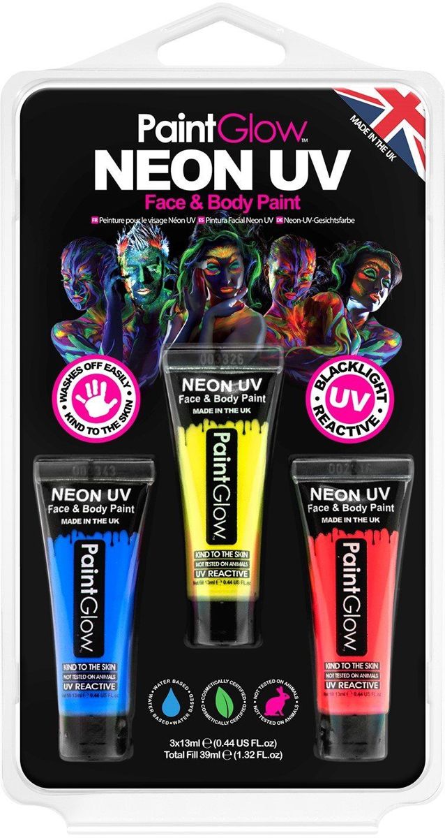 Paintglow NEON UV Face & Body Paint - Voordelige 3 pak blister | UV neon makeup | 3 kleuren blister pack Neon UV paint| Party| Be a star